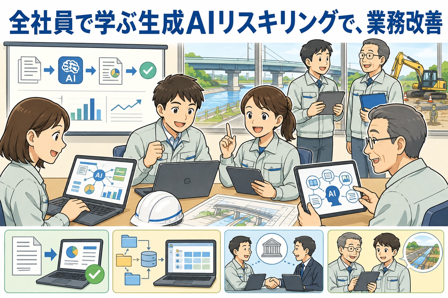 公共事業建設会社の全社員が生成AI活用リスキリング研修を受講し、報告書作成やデータ整理の効率化、技術継承について学ぶ様子