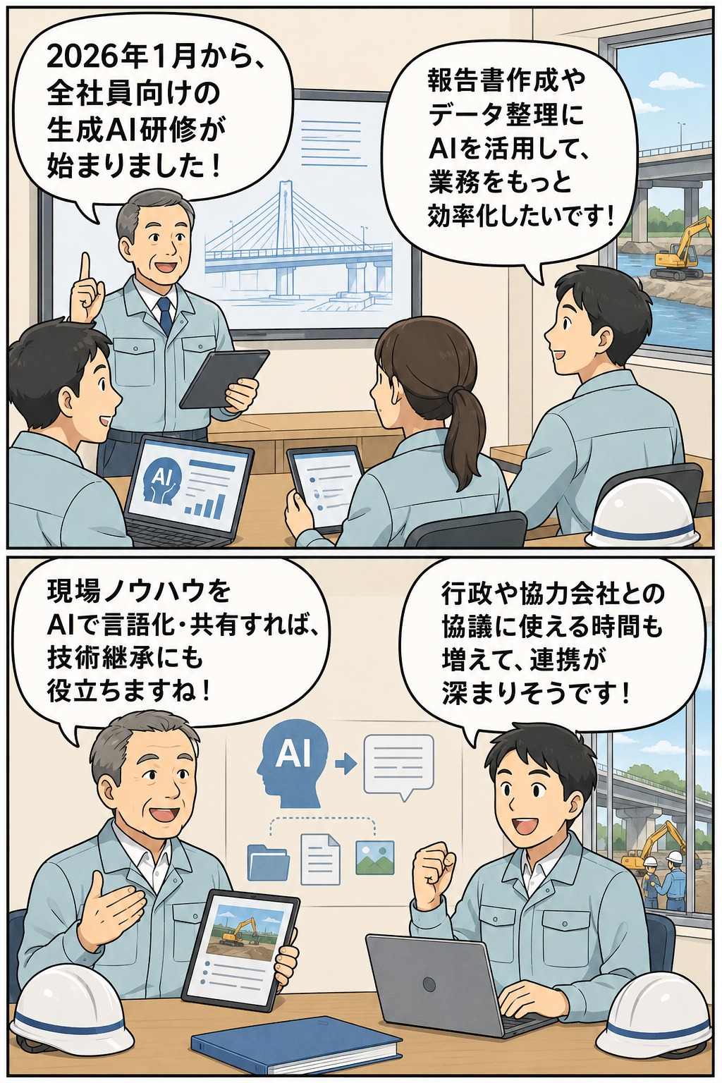 公共事業建設会社の社員が生成AI研修を受講し、報告書作成やデータ整理の効率化、現場ノウハウの共有と技術継承について学ぶ様子