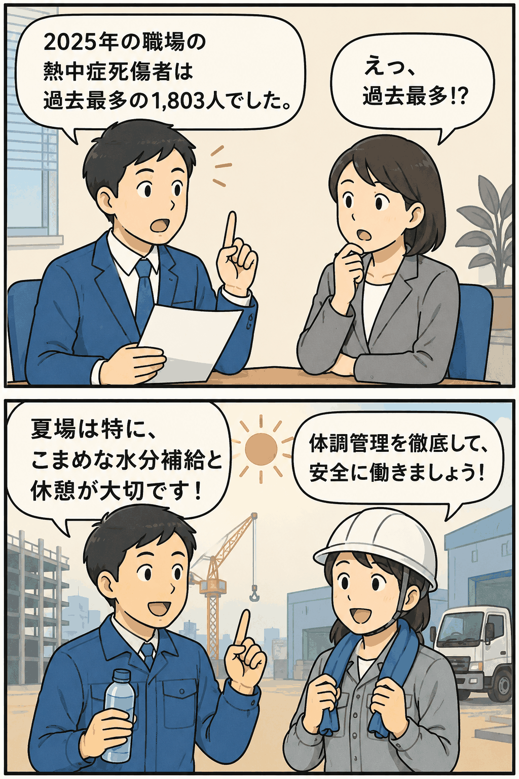 2025年の職場の熱中症死傷者が過去最多の1,803人となったことと、水分補給・休憩・体調管理の重要性を伝えるイラスト