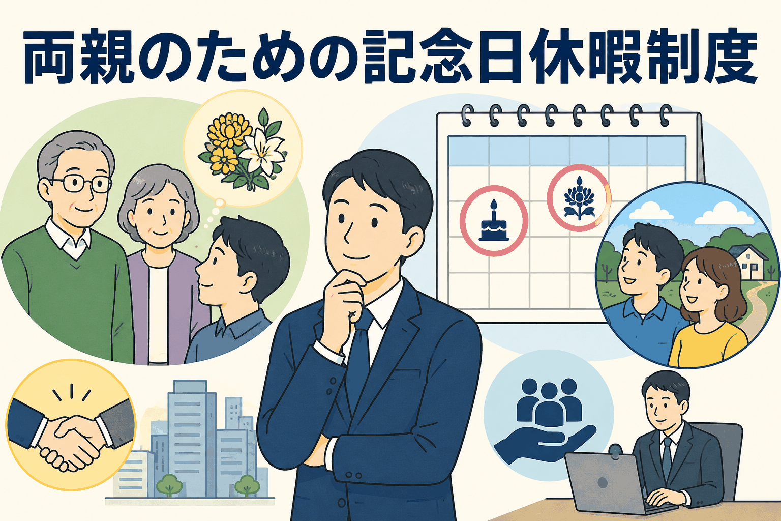 両親の誕生日や命日のある月に休暇を取得できる「記念日休暇制度」と、家族を想う社員を描いたイラスト