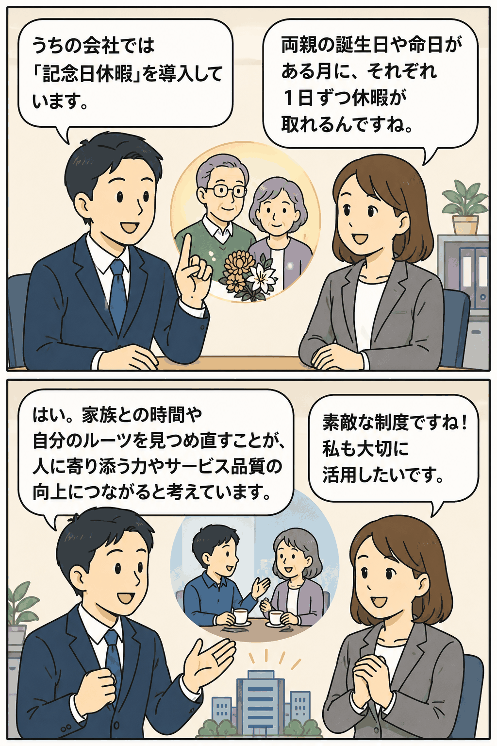 両親の誕生日や命日のある月に取得できる記念日休暇について、社員同士が説明する漫画風イラスト