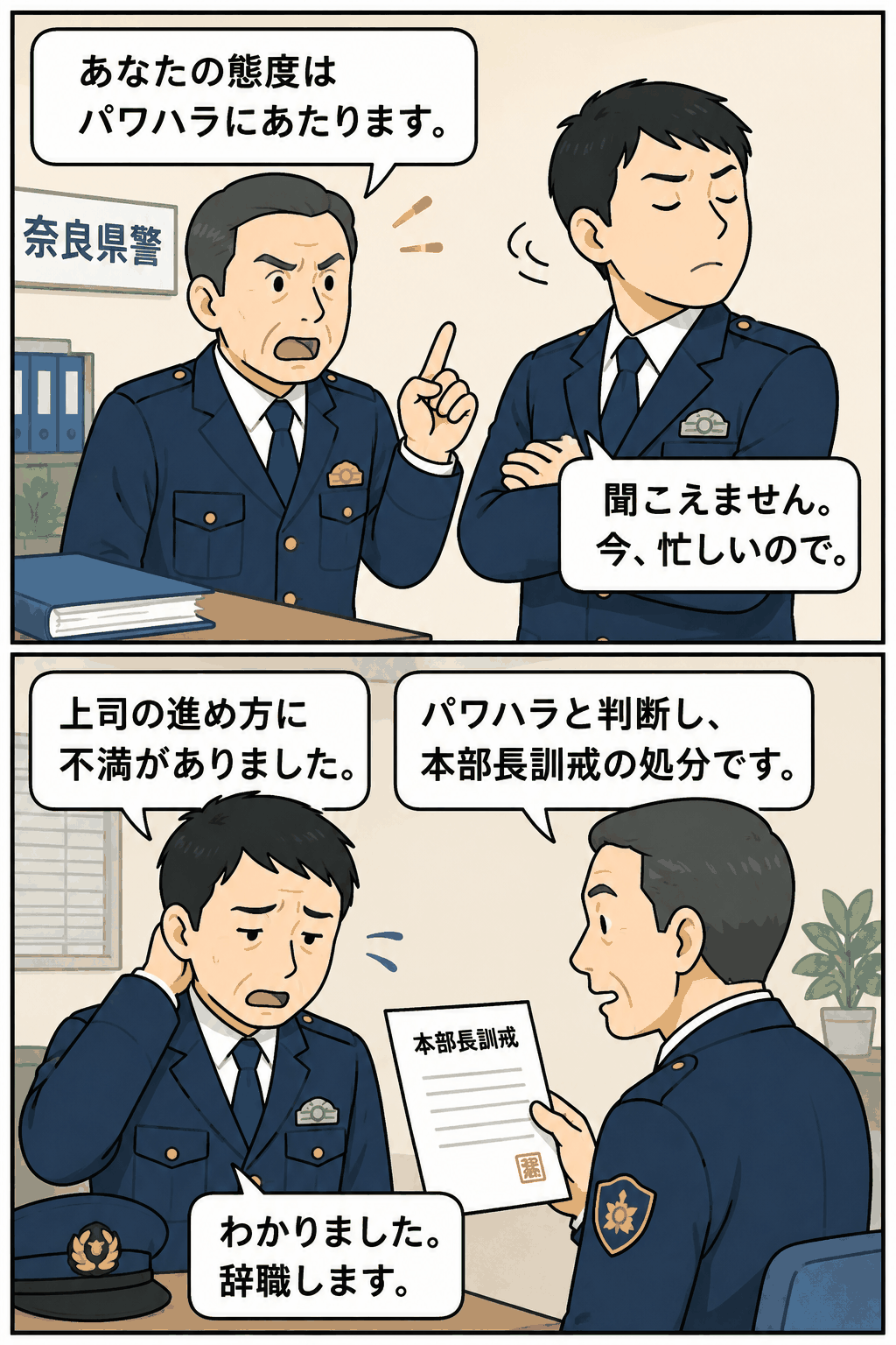 奈良県警の男性巡査部長が上司への無視や冷たい態度をパワハラと認定され、本部長訓戒処分後に辞職する様子を描いた漫画