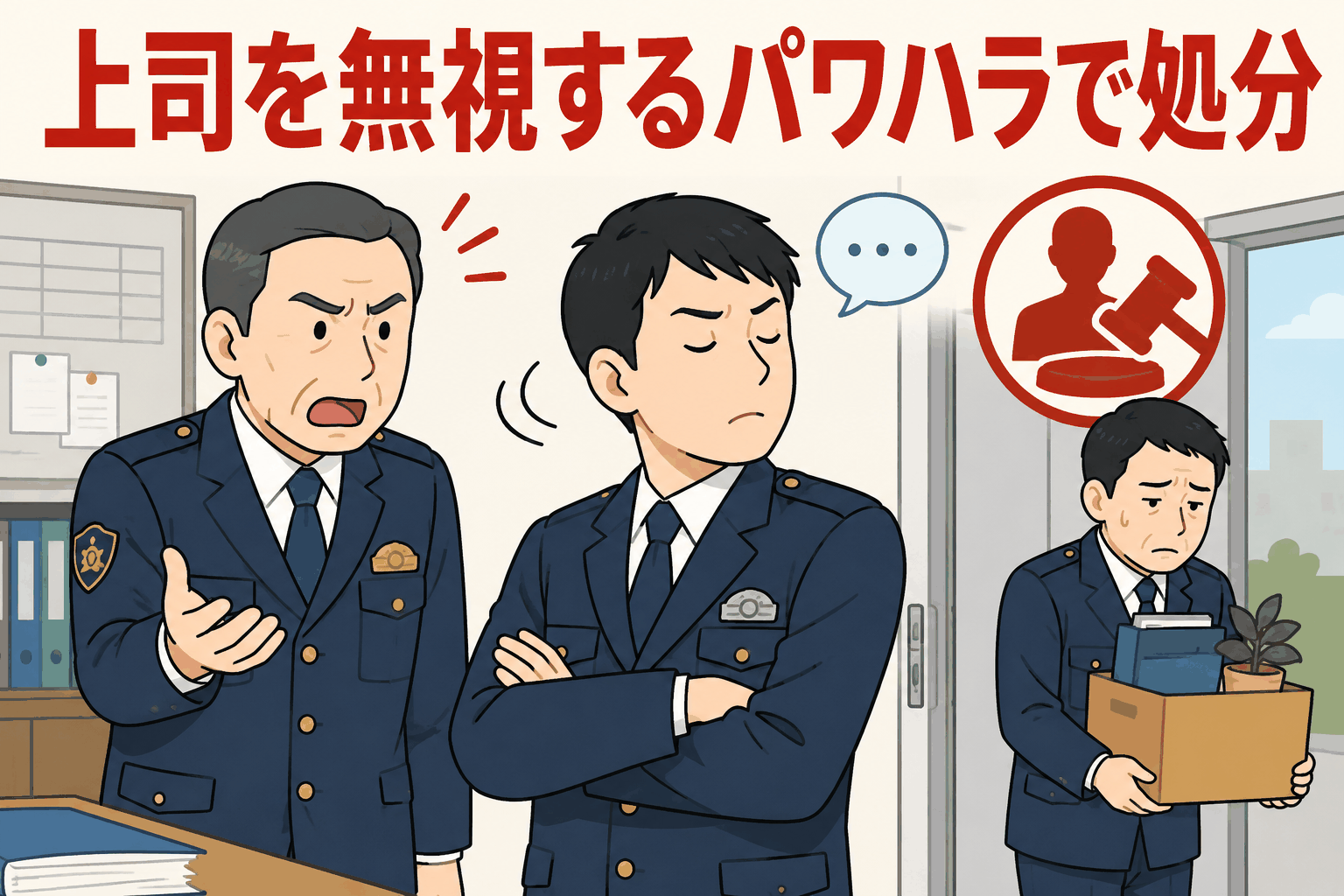 上司への冷たい態度や業務上必要な対応の無視がパワハラと認定され、処分を受けた奈良県警の男性巡査部長を描いたイラスト