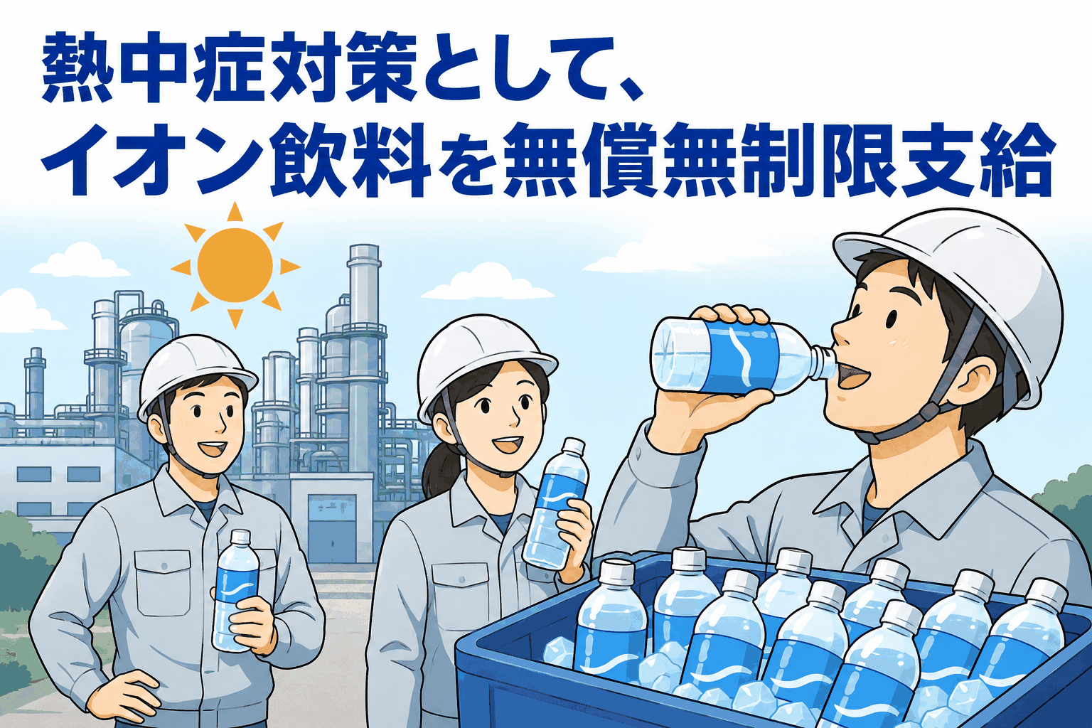 夏季の工場で熱中症対策として無償支給されたイオン飲料を飲む製造現場の社員
