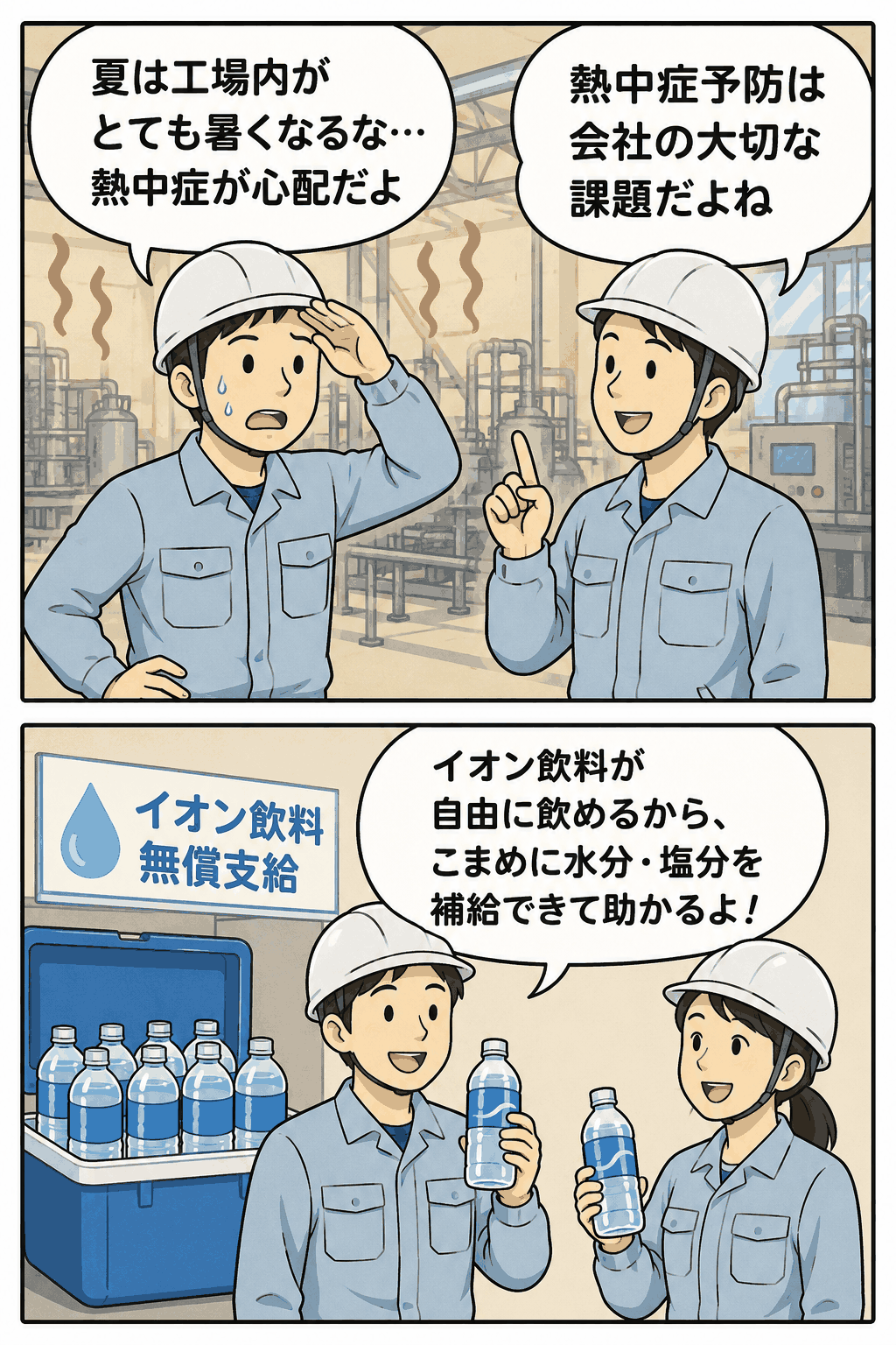 高温の工場で働く社員が、熱中症予防のため無償支給されたイオン飲料で水分・塩分補給をする様子