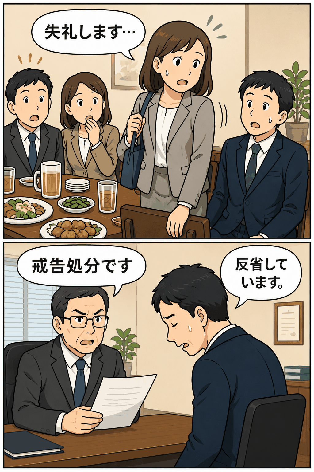 職場の懇親会で女性職員が席を立ち、その後セクハラ行為をした男性教諭が管理職から戒告処分を受けるイラスト