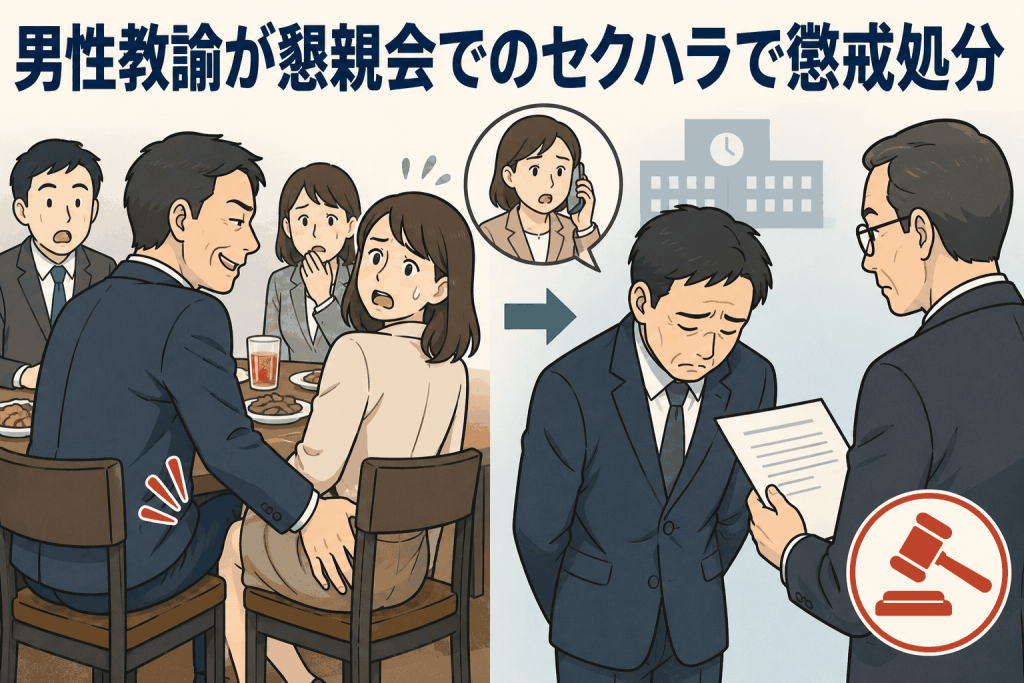 県立高校の男性教諭が懇親会で女性職員にセクハラを行い、県教育委員会から戒告処分を受けた事案のイメージ