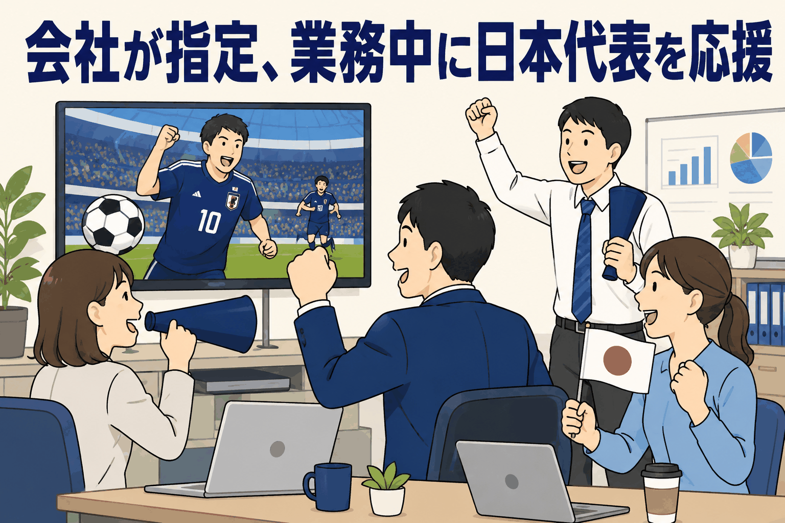 会社が指定する日本代表戦を業務時間中に社員が観戦・応援する制度のイメージ