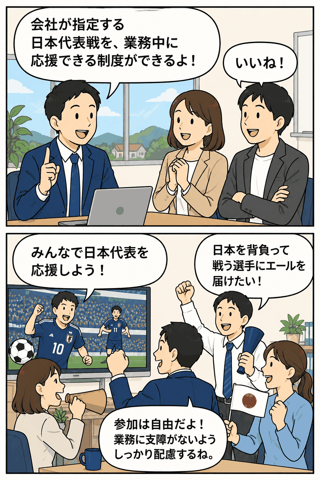 会社指定のサッカー日本代表戦を業務時間中に社員が応援できる制度を紹介する漫画風イラスト