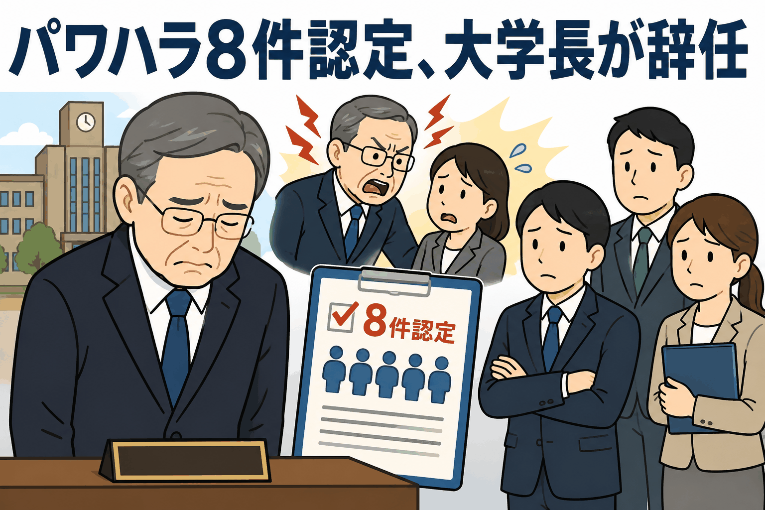 大学学長による事務職員5人へのパワハラ8件が認定され、辞任したことを伝えるイラスト