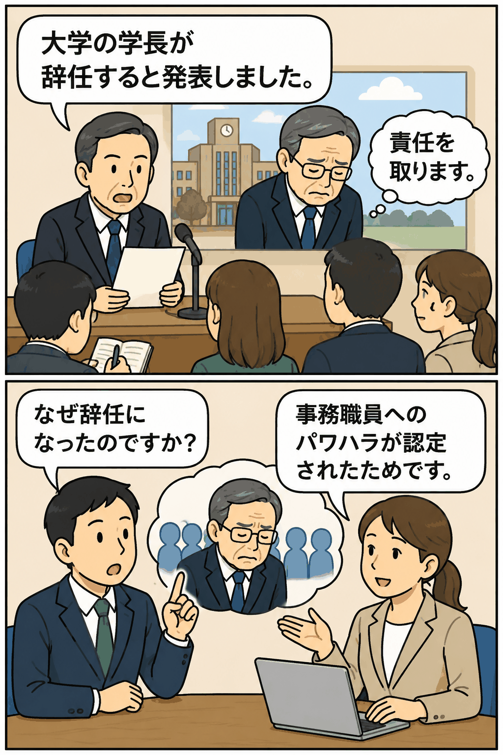 大学学長のパワハラ認定による辞任発表と、その理由を解説する記者会見のイラスト