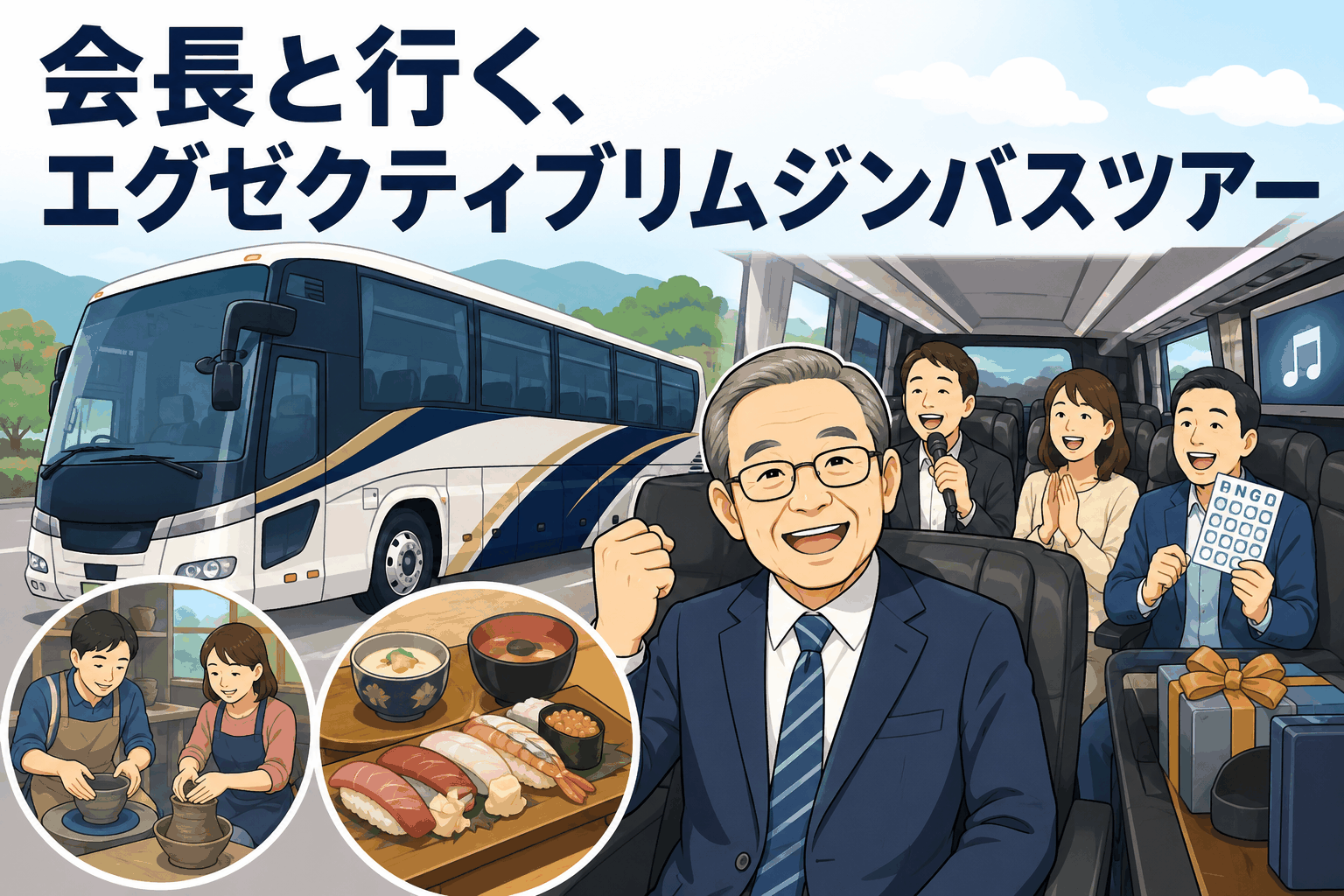 会長と行く日帰りバスツアーの様子。エグゼクティブリムジンバスで陶芸体験や寿司ランチ、カラオケ、ビンゴ大会を楽しむ参加者