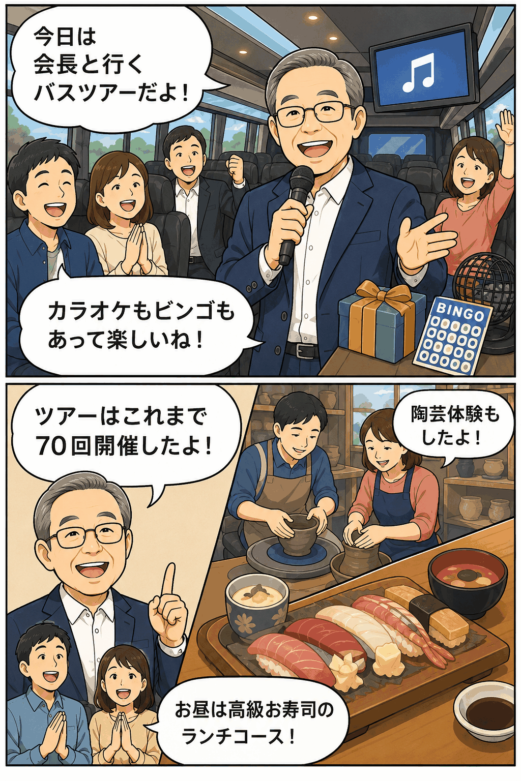 会長同行の日帰りバスツアーを描いた漫画。車内でカラオケやビンゴ大会を楽しみ、陶芸体験と高級寿司ランチを満喫する参加者