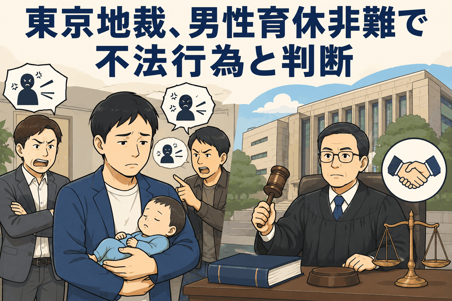 東京地裁が男性の育児休業取得を非難する同僚の言動を不法行為と判断したパタハラ訴訟のイメージ