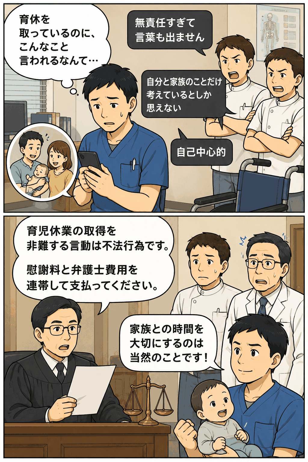 育児休業を取得した整形外科医院の男性従業員が同僚から非難され、東京地裁がパタハラに当たる不法行為と判断した場面