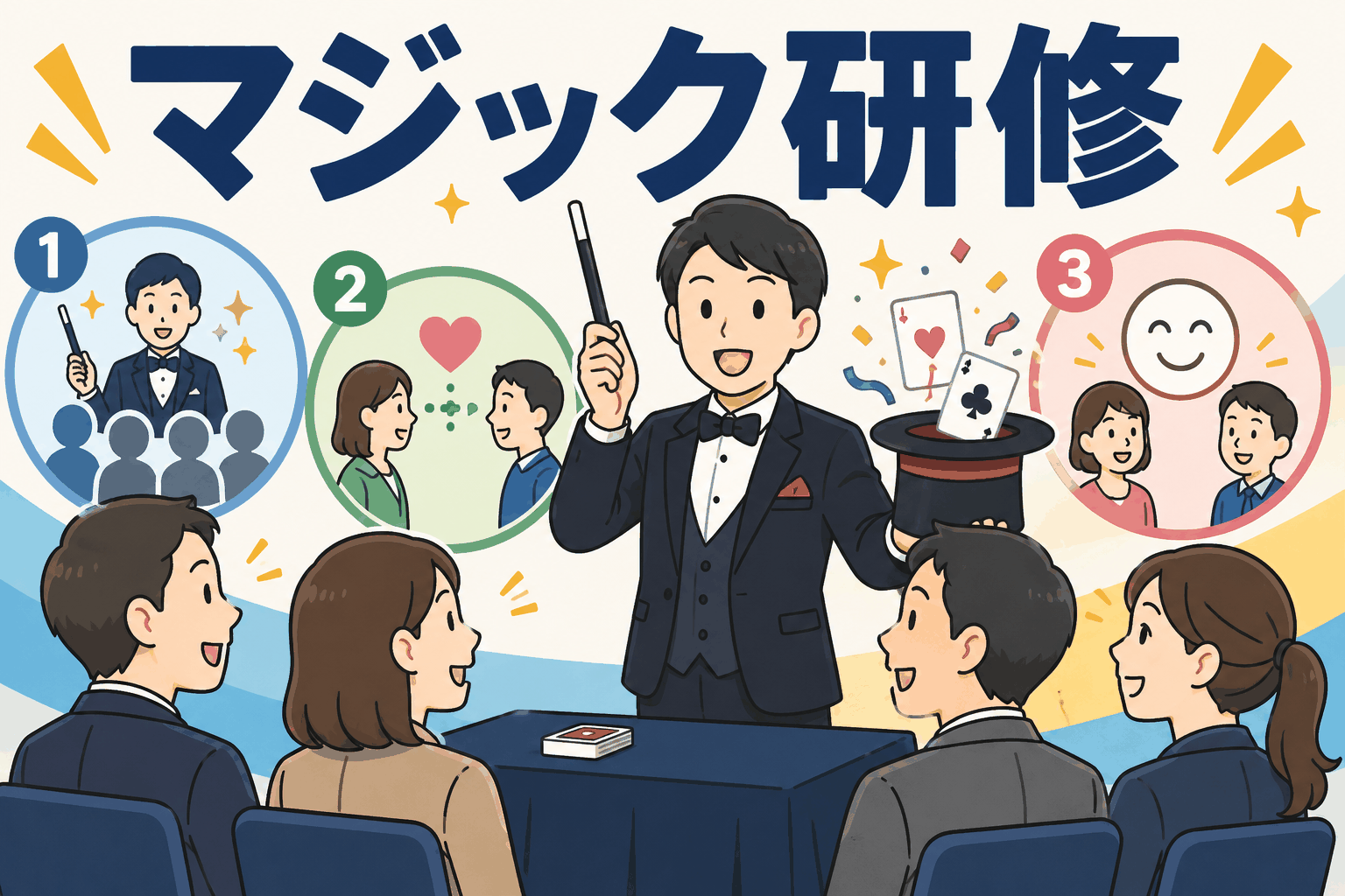 プロマジシャンを講師に迎え、社員同士のコミュニケーションと笑顔を育むマジック社内研修の様子