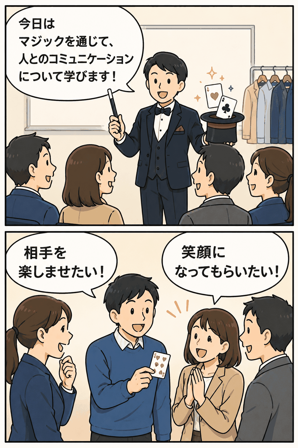 プロマジシャンからマジックを通じたコミュニケーションを学び、社員同士が相手を楽しませる姿勢を体験する社内研修