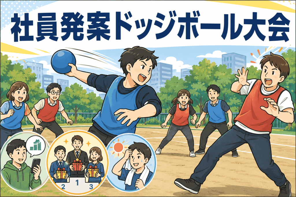 Web制作会社の社員が公園でドッジボール大会を楽しむ様子。ウォーキングイベントの歩数計測や上位者への報奨、暑熱順化による健康づくりも表現。