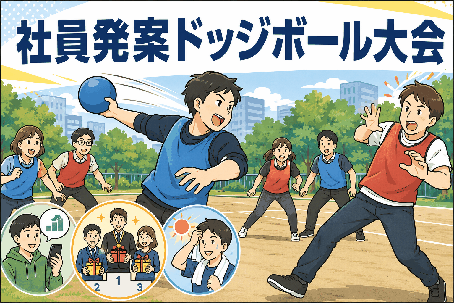 Web制作会社の社員が公園でドッジボール大会を楽しむ様子。ウォーキングイベントの歩数計測や上位者への報奨、暑熱順化による健康づくりも表現。