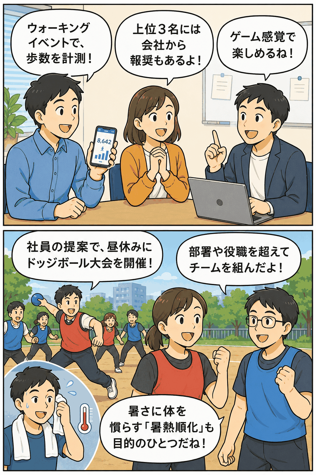 Web制作会社の社員が、歩数アプリを使ったウォーキングイベントと、部署や役職を超えて参加する昼休みのドッジボール大会について話すイラスト。暑熱順化による健康づくりも紹介。