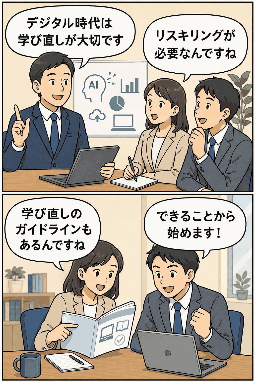 デジタル時代のリスキリングと職場での学び直しについて話し合い、ガイドラインを活用して学ぶビジネスパーソンのイラスト