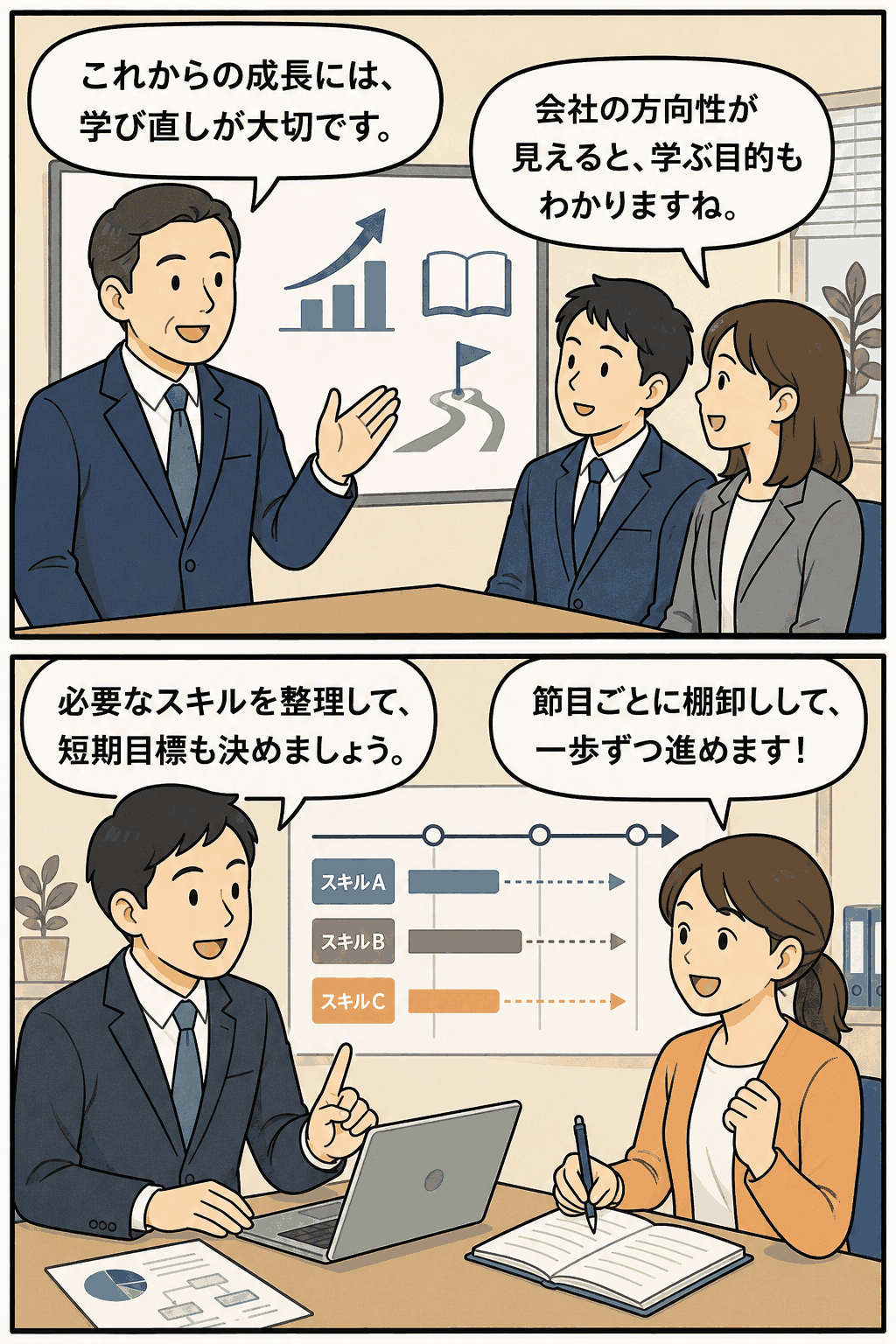 職場における学び・学び直しについて、会社の方向性共有、必要なスキルの整理、短期目標の設定、キャリアの棚卸しを話し合う職場のイラスト