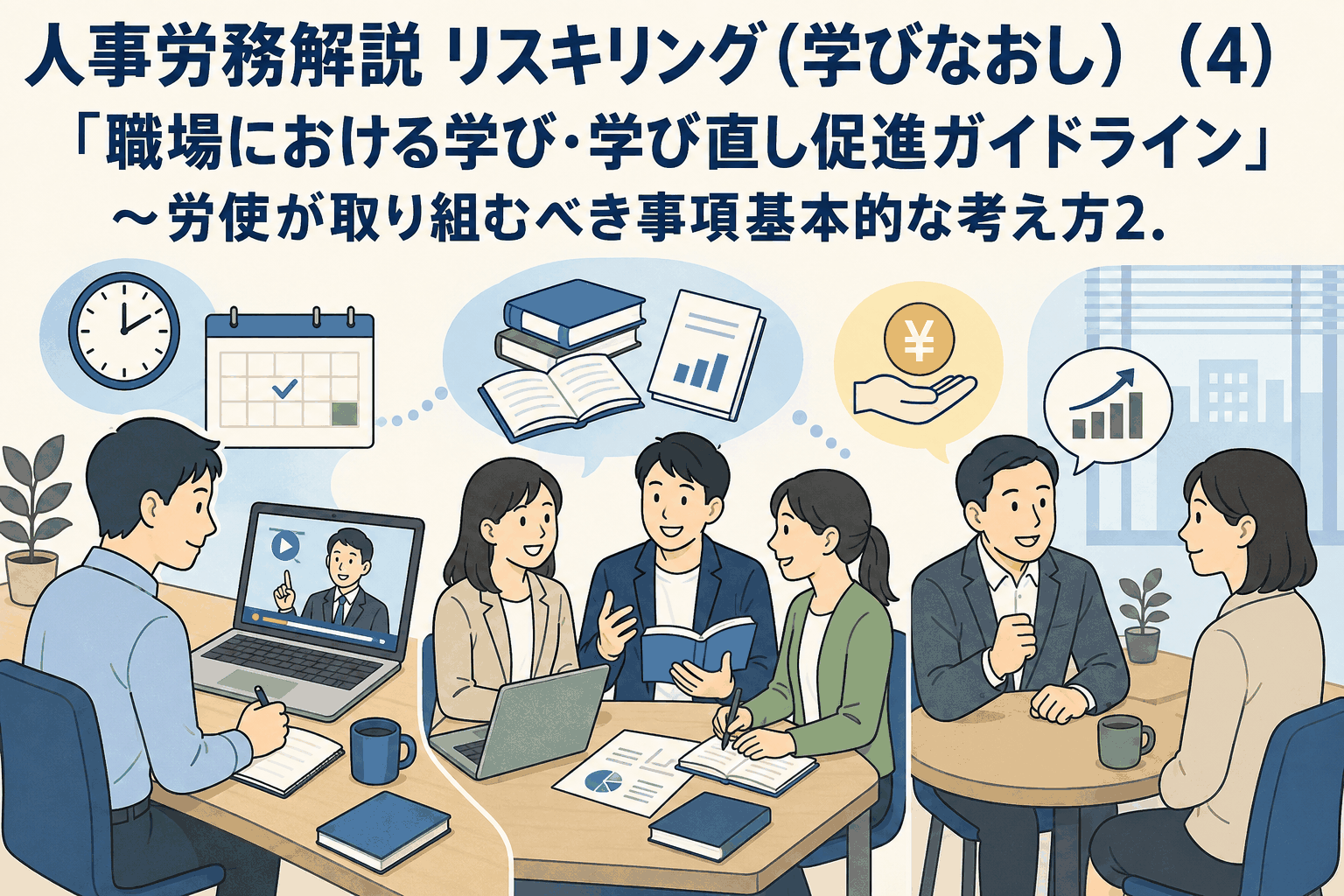 職場における学び・学び直し促進ガイドラインを解説するイメージ。オンライン研修や勉強会、費用支援、学習時間の確保など、労働者のリスキリングを支援する様子