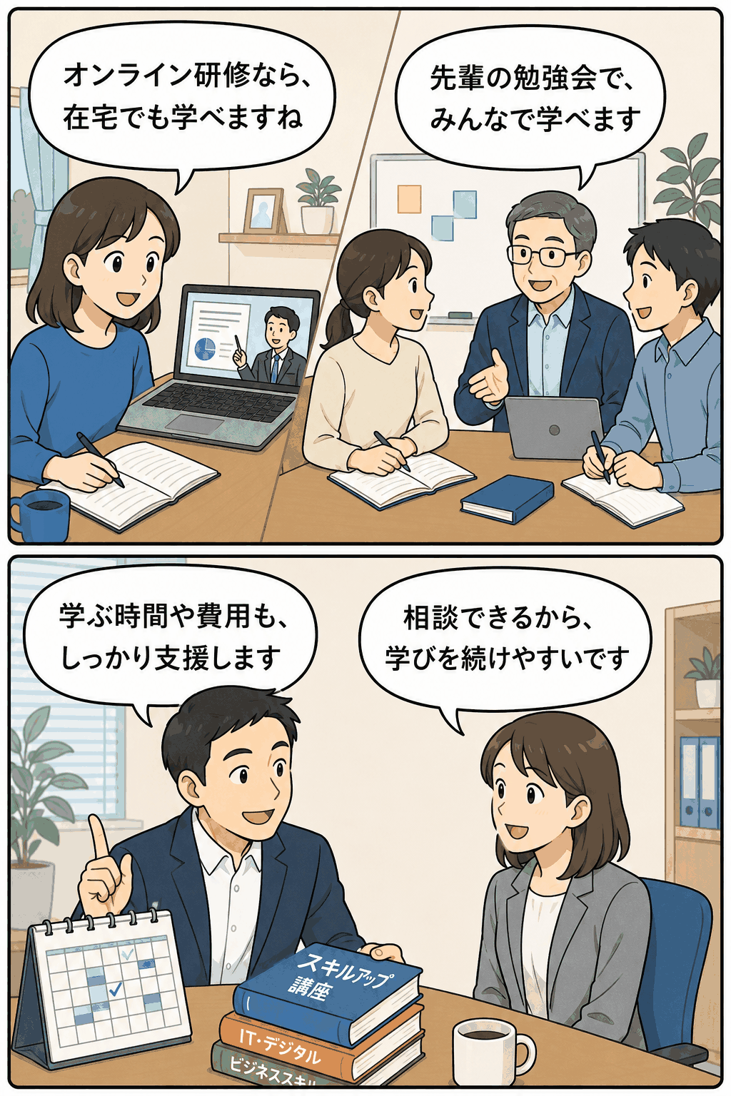 職場の学び・学び直し促進を表すイラスト。オンライン研修、社内勉強会、学習時間・費用の支援、相談による伴走支援を行う様子