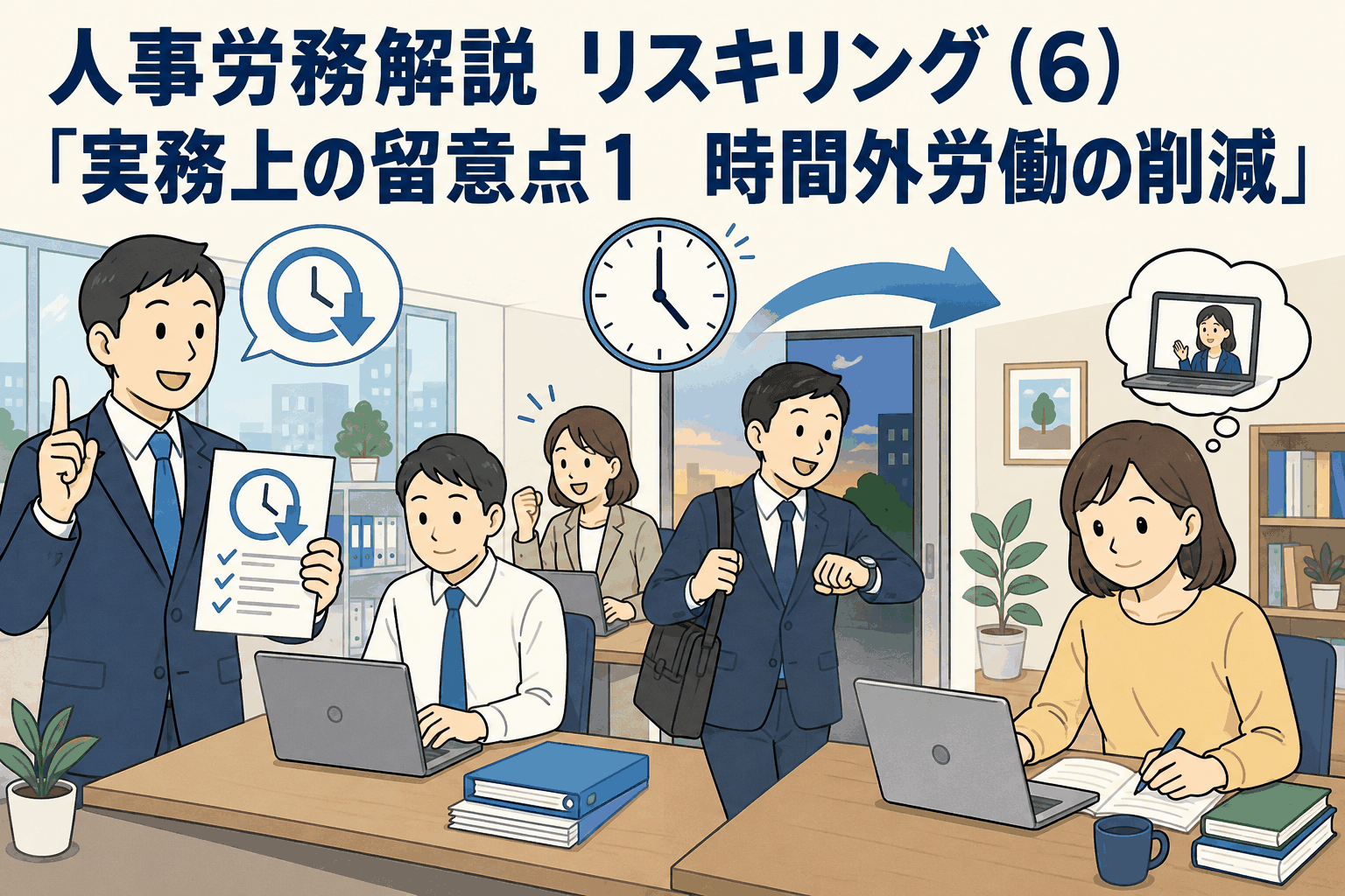 人事労務解説「リスキリング（6）」実務上の留意点として時間外労働の削減を解説するアイキャッチ画像。残業削減や業務効率化、学び直しの時間確保をイメージしたオフィスのイラスト。
