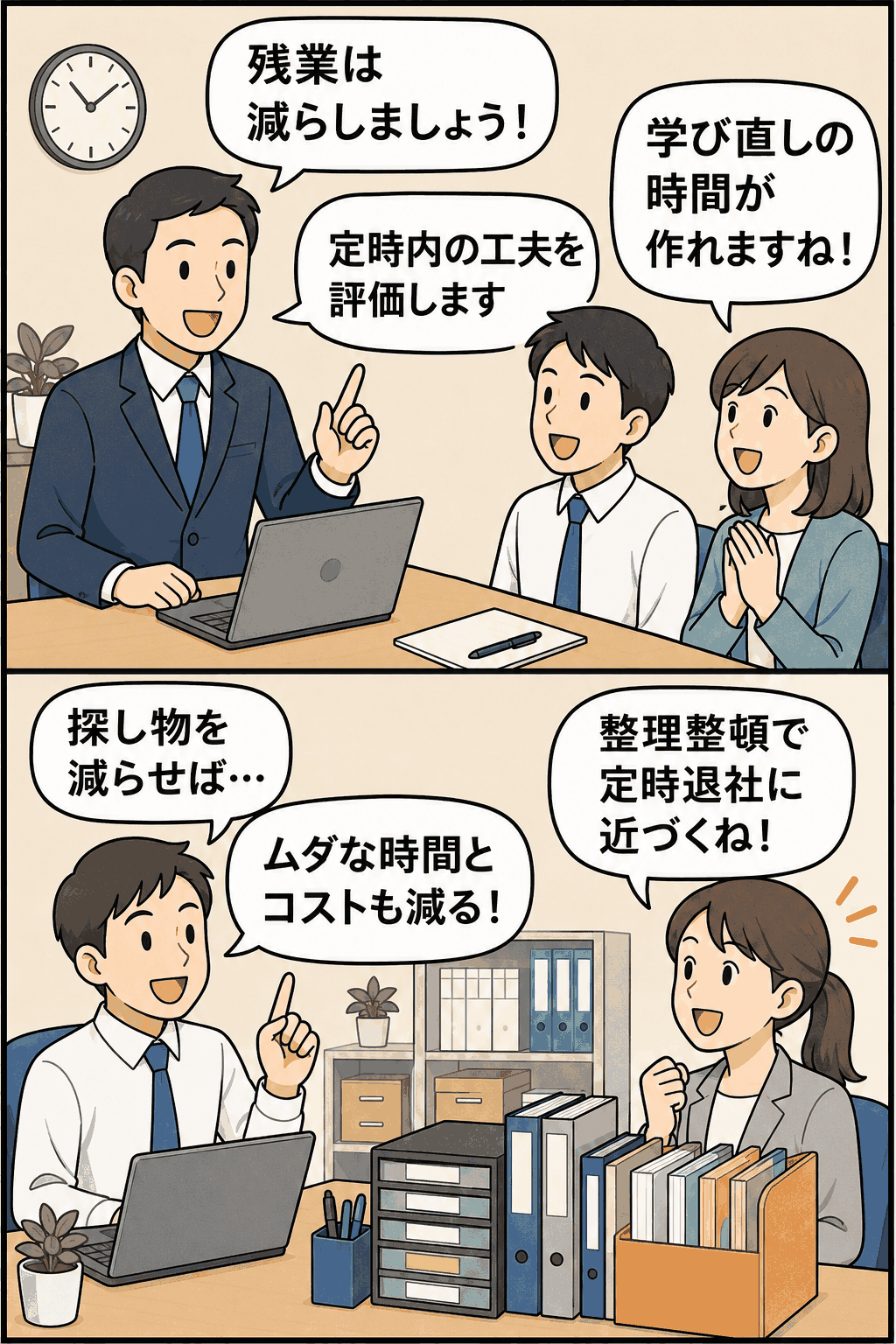 残業削減とリスキリングの時間確保をテーマに、定時内の業務効率化や整理整頓によるムダな時間・コスト削減を説明する職場のイラスト。
