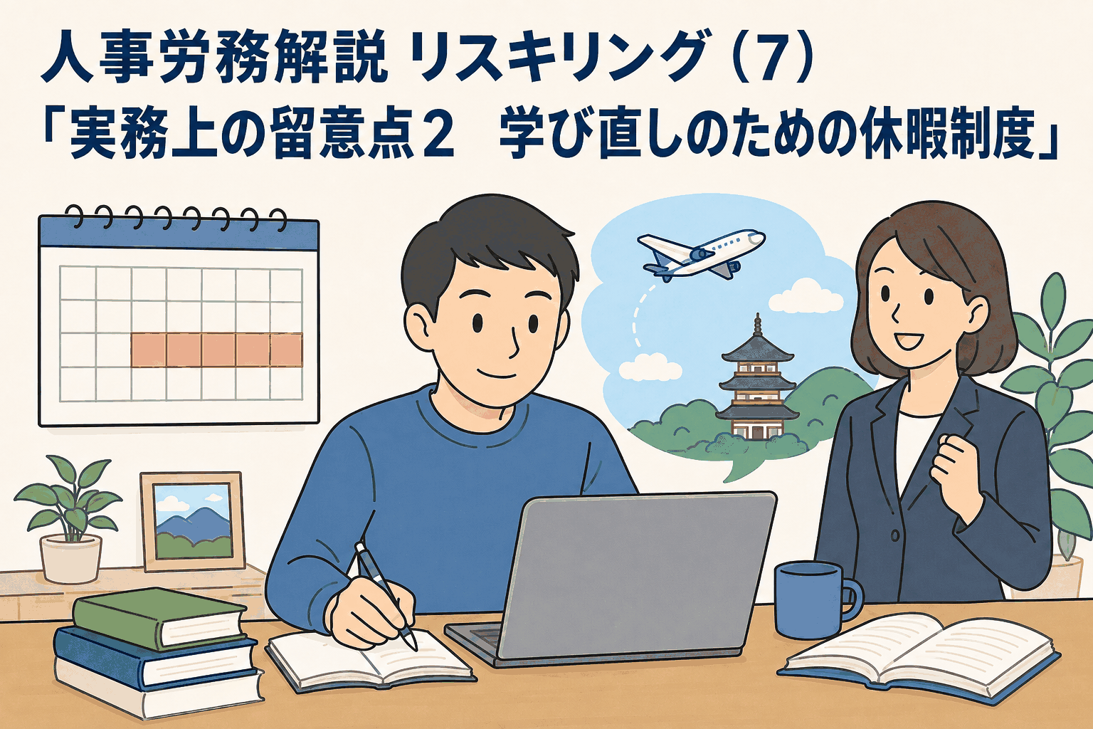 人事労務解説「リスキリング（7）」学び直しのための休暇制度を説明するイラスト。社員が休暇を活用して学習や留学に取り組む様子。