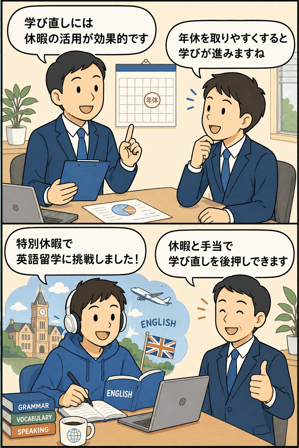 リスキリングの実務上の留意点として、年次有給休暇や特別休暇を活用した学び直しのための休暇制度を解説するイラスト