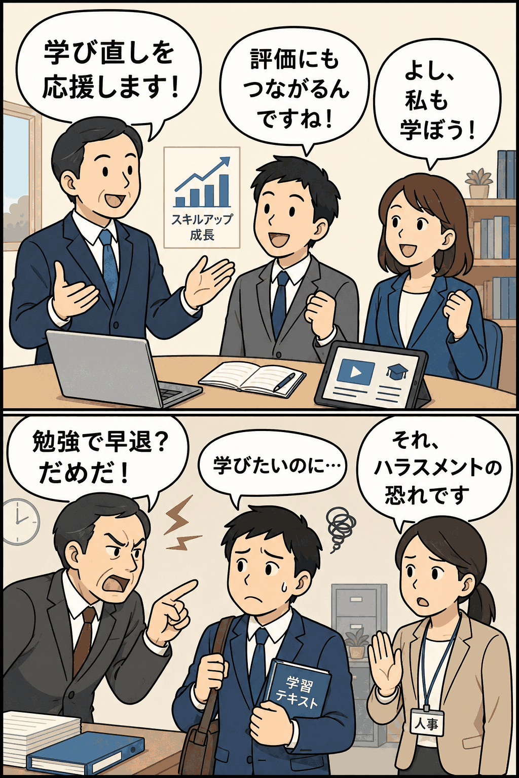 リスキリングで学び直しを応援する職場と、早退を叱責する上司によるハラスメントのリスクを対比したイラスト