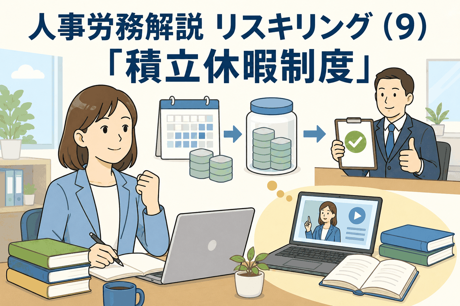 人事労務解説リスキリング第9回「積立休暇制度」。年次有給休暇の失効分を積み立て、学び直しのために利用する制度を解説するイメージ