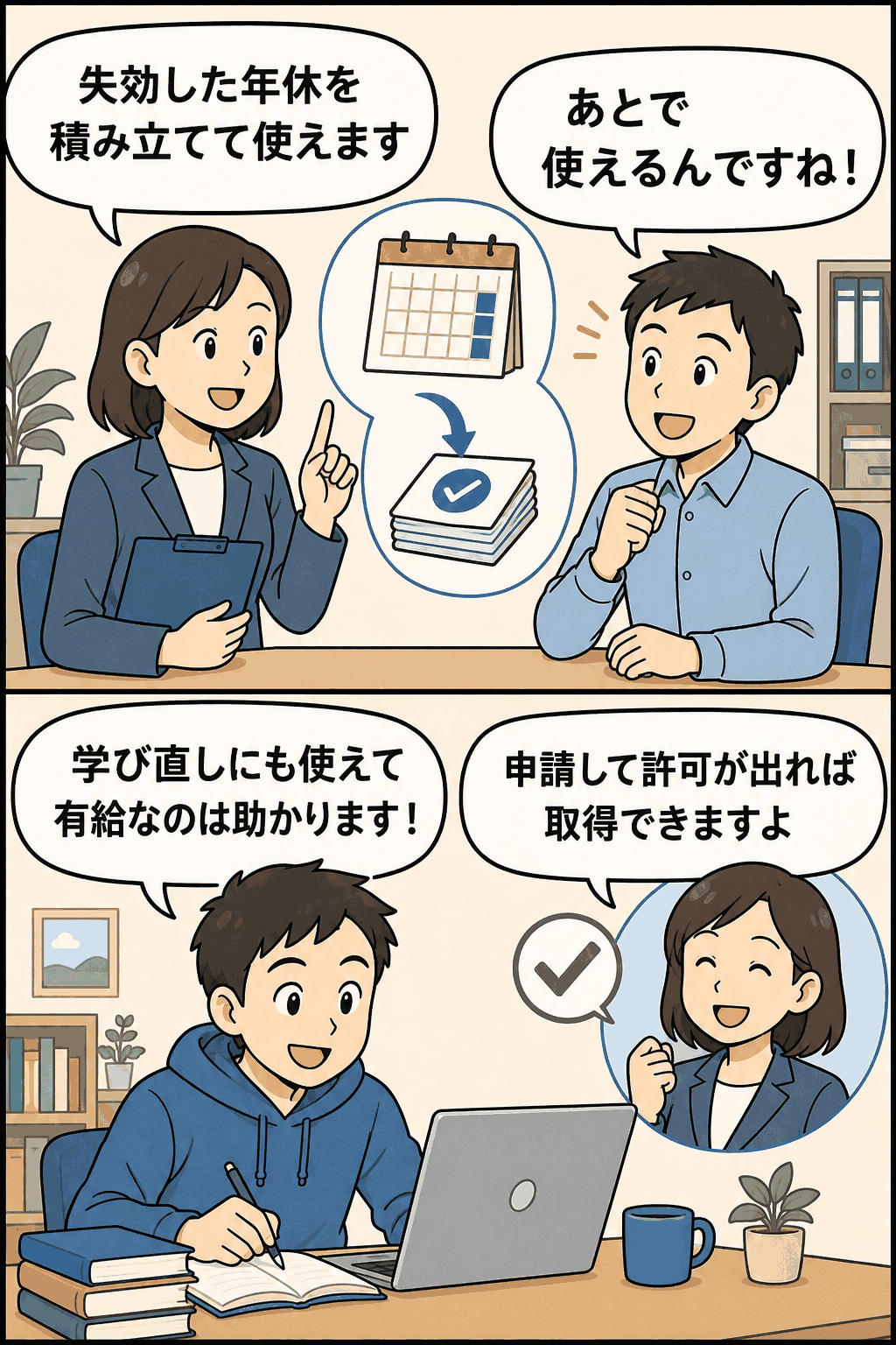 失効した年次有給休暇を積み立て、学び直しにも利用できる積立休暇制度を説明する人事労務のイラスト