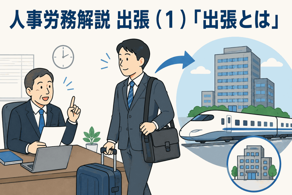 人事労務解説「出張とは」｜会社の出張命令を受け、通常の勤務場所から出張先へ移動する社員のイラスト