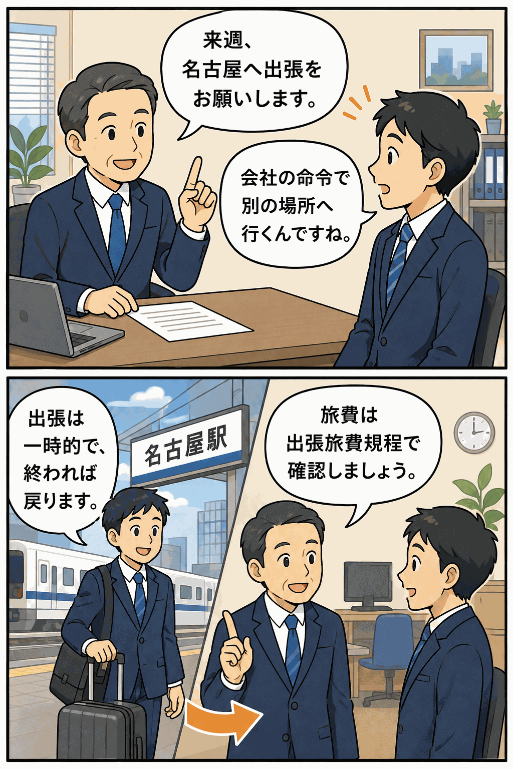 上司から名古屋への出張を命じられる社員と、出張後に通常の勤務場所へ戻る流れを説明する人事労務のイラスト