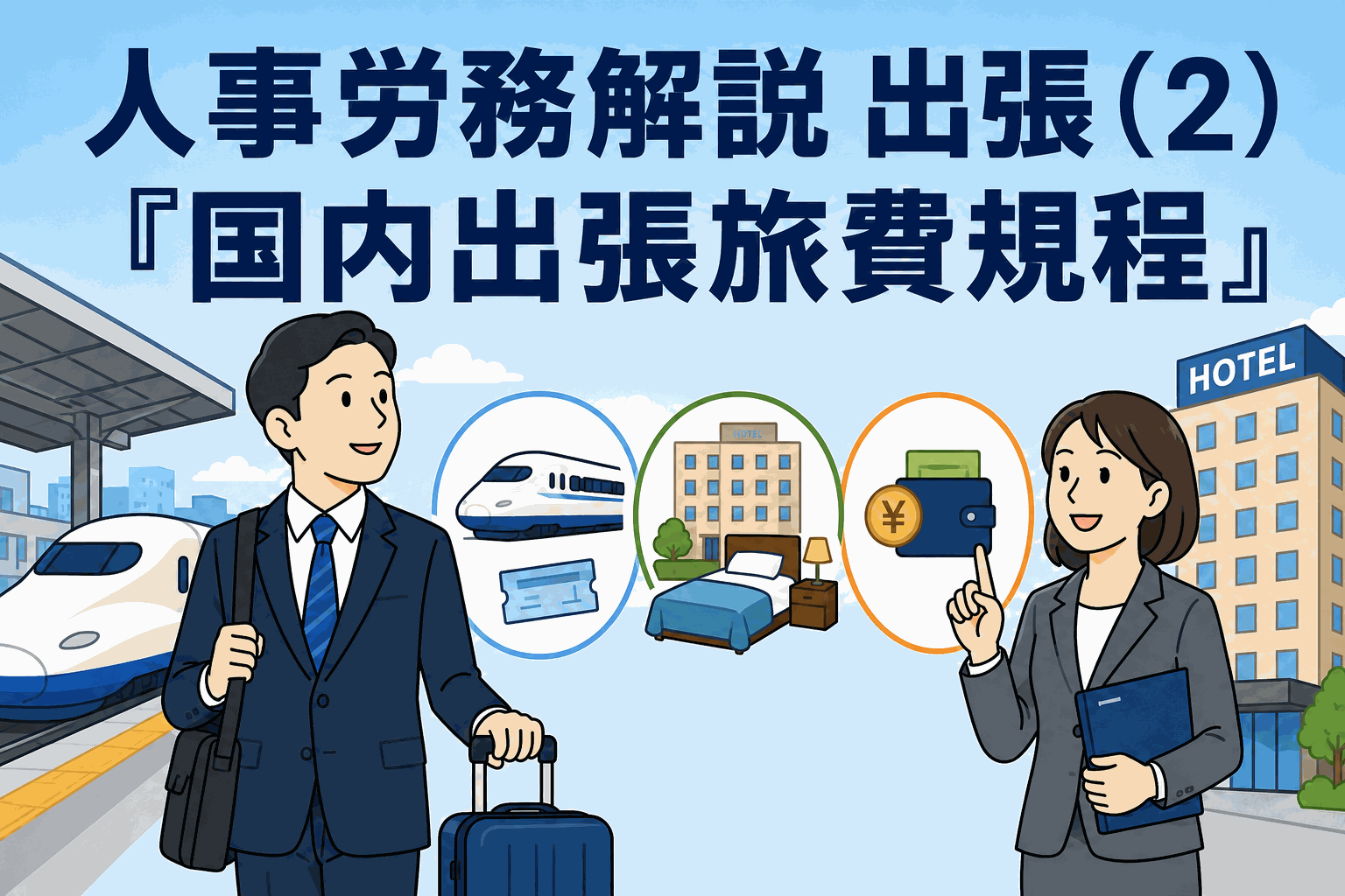 人事労務解説「国内出張旅費規程」のイメージ。新幹線・ホテル・交通費・宿泊費・日当を表すイラスト