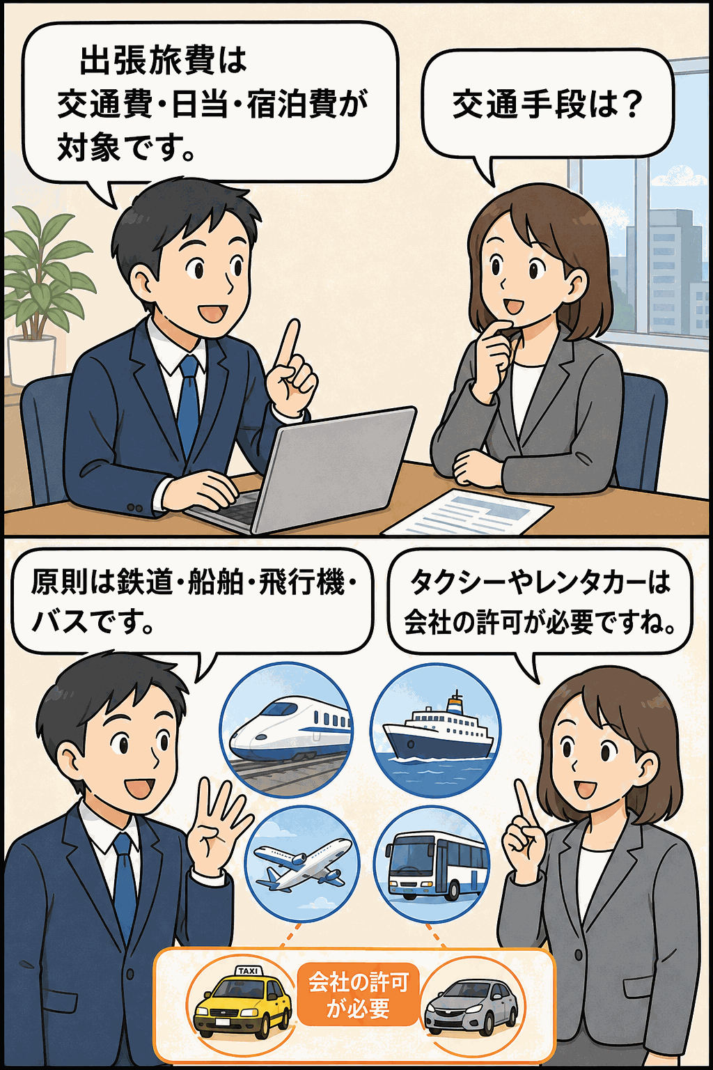 国内出張旅費規程の交通費・日当・宿泊費と、鉄道・船舶・飛行機・バスなどの交通手段を解説するイラスト