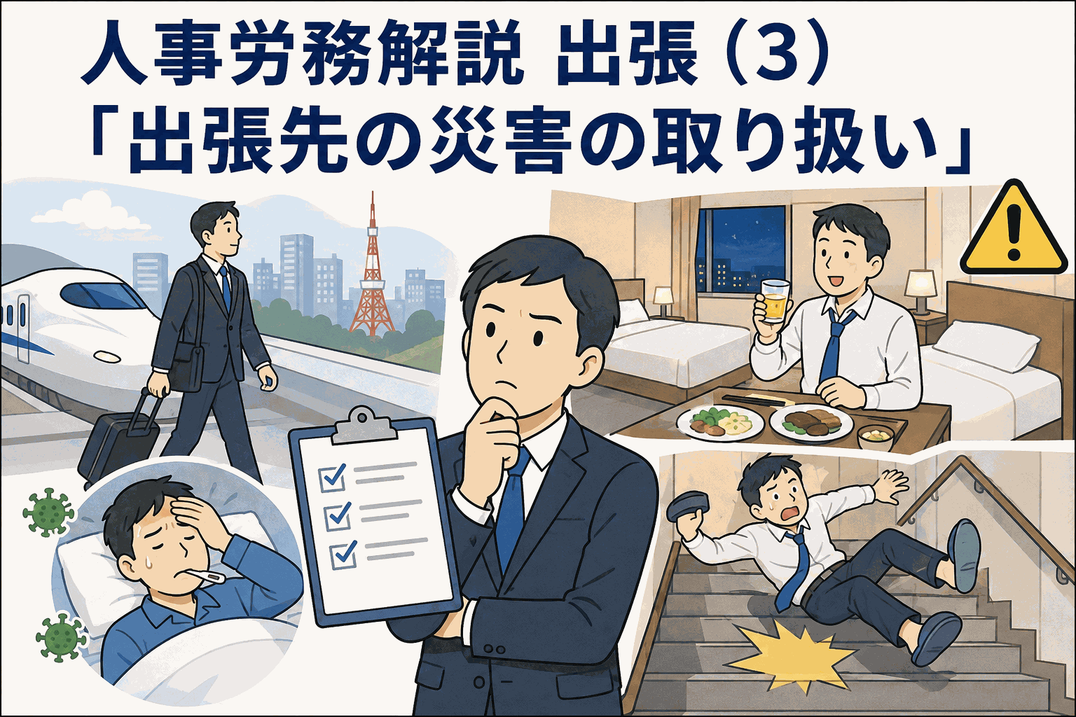 人事労務解説「出張先の災害の取り扱い」。新幹線での出張、宿泊先での飲酒や体調不良、階段での転倒など、出張中の労災・業務災害を示したイラスト