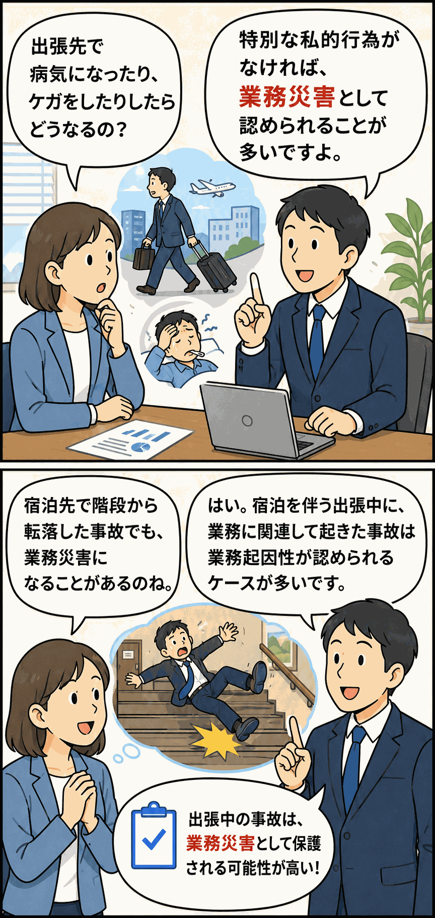 出張先で病気やケガをした場合の労災認定を解説するイラスト。出張中の体調不良や宿泊先の階段での転倒事故が、業務災害として認められるケースを紹介