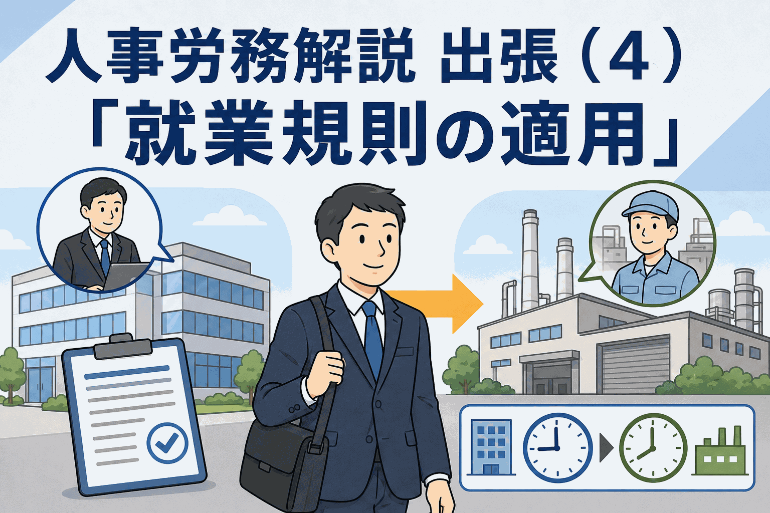 本社から工場への応援出張時に適用される就業規則と始業・終業時刻の考え方