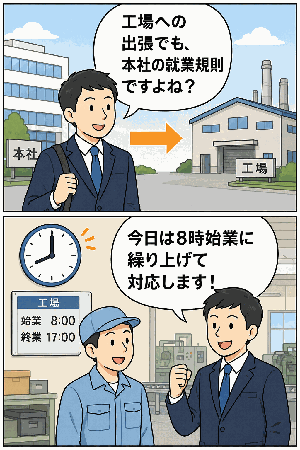 本社から工場への応援出張では本社の就業規則が適用され、必要に応じて工場の始業時刻に合わせて勤務時間を繰り上げるイメージ