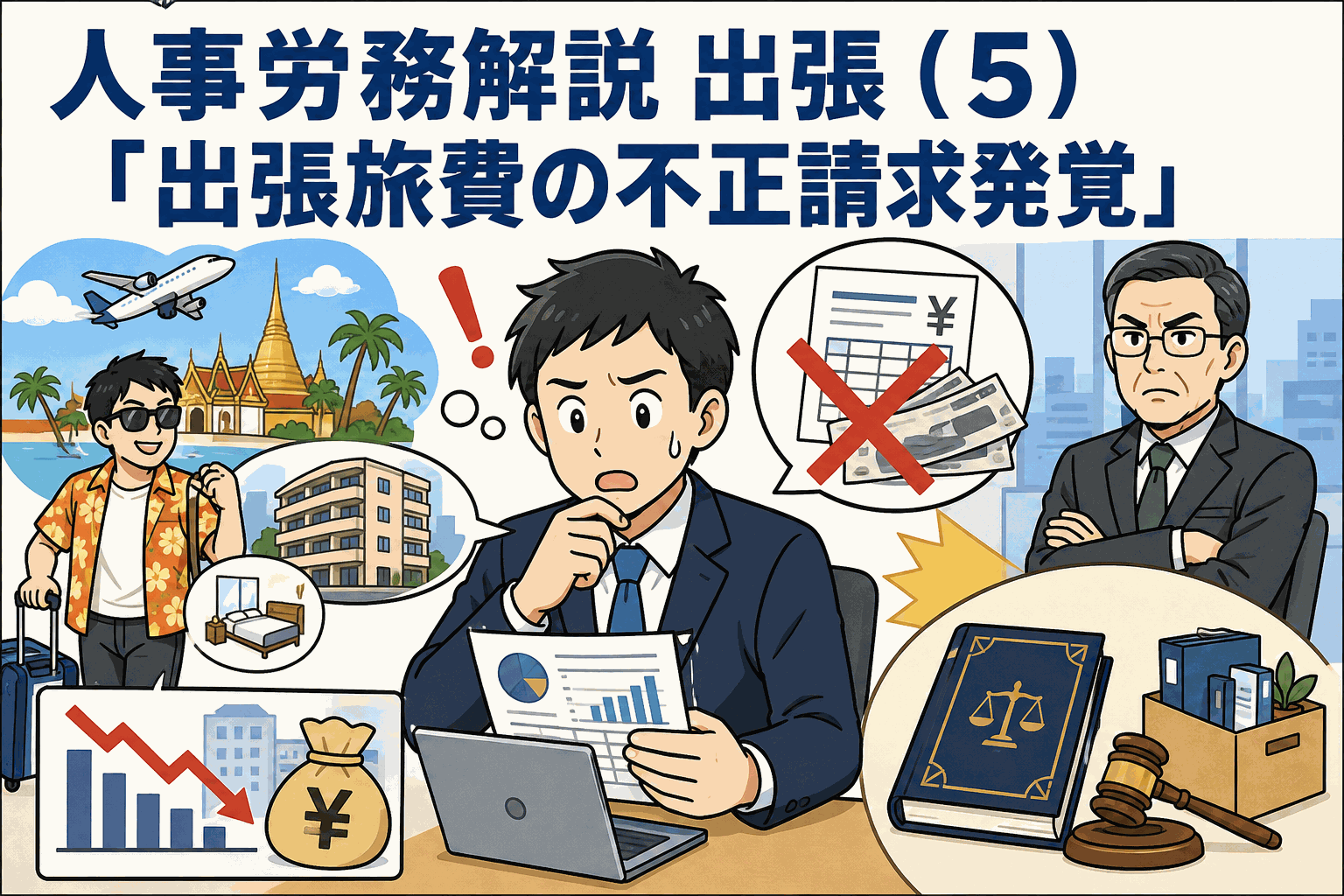 人事労務解説「出張旅費の不正請求発覚」―経費の不正請求と詐欺罪、懲戒解雇を解説するイラスト