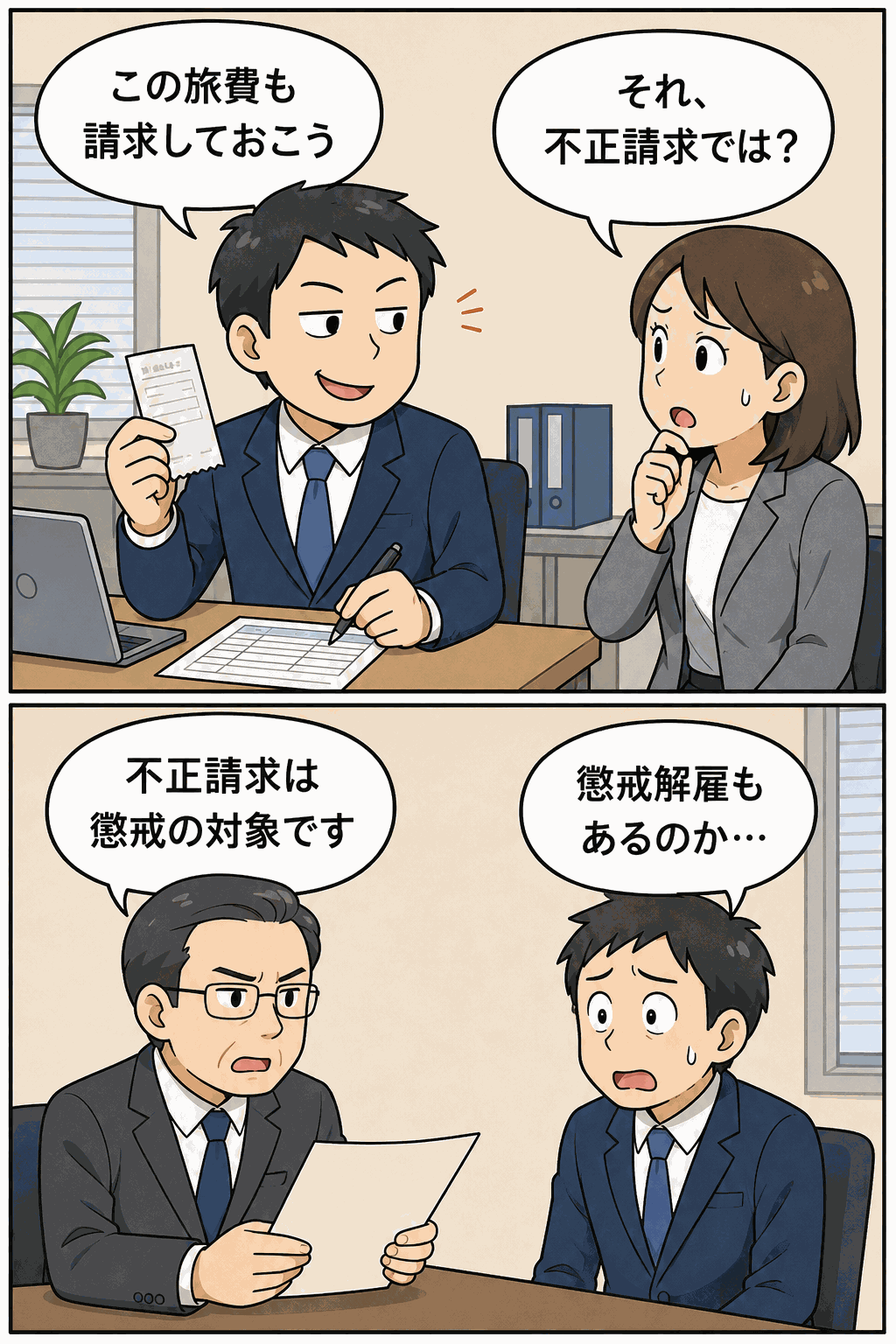 出張旅費の不正請求が懲戒処分や懲戒解雇の対象となることを解説する人事労務イラスト