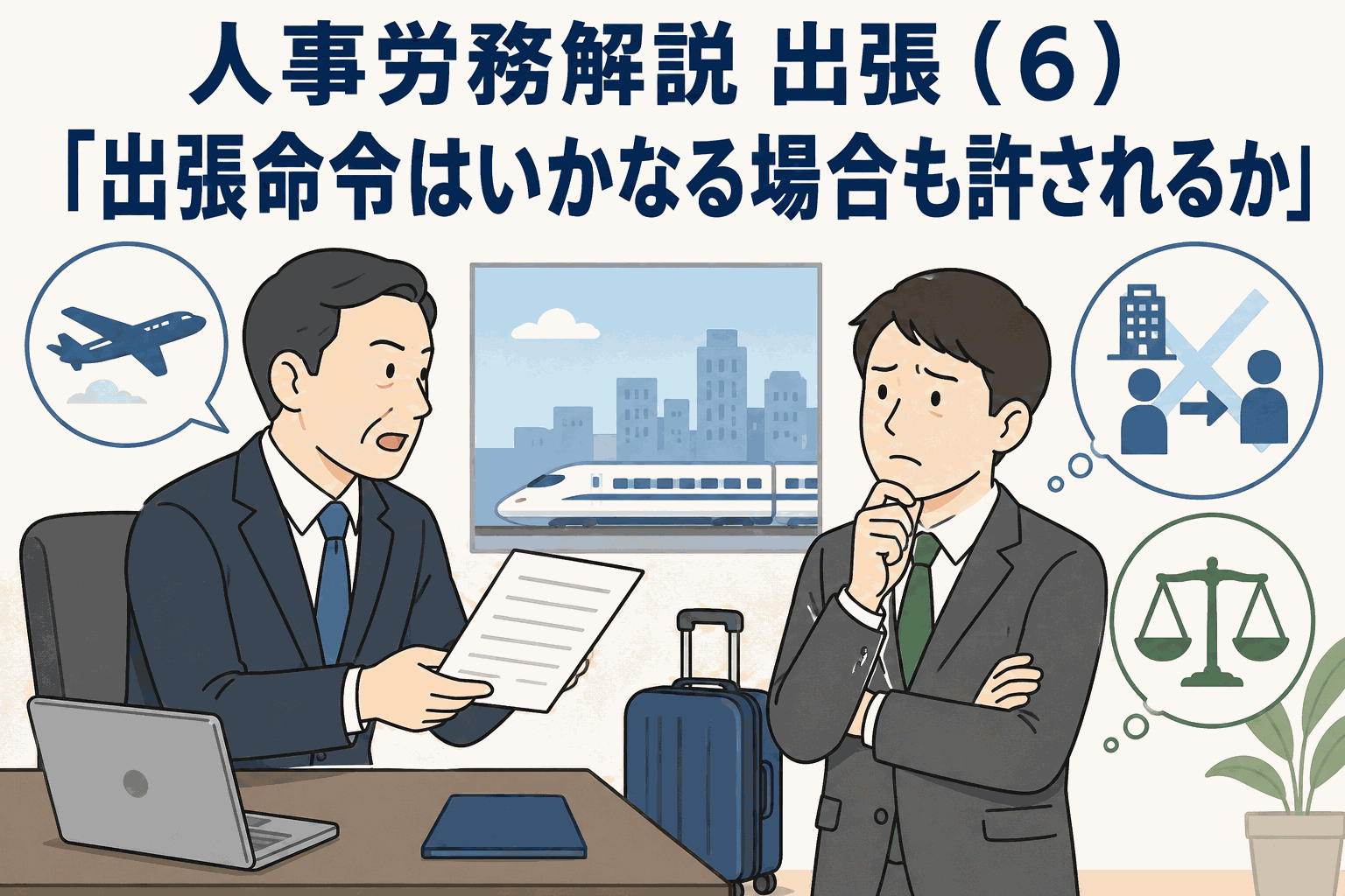 出張命令はいかなる場合も許されるかを解説する人事労務のイラスト