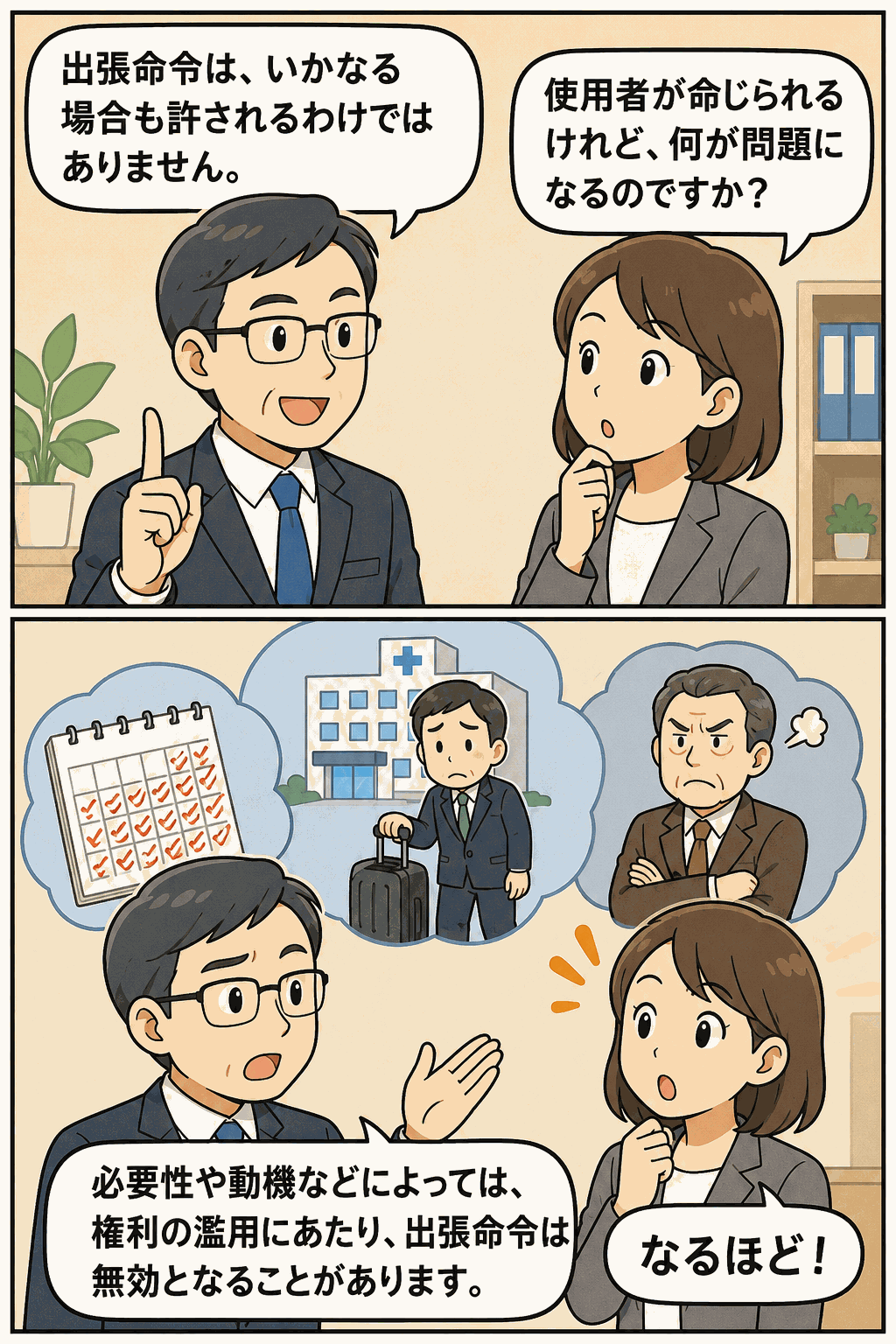 出張命令が権利濫用となり無効になる場合を解説する人事労務の漫画イラスト