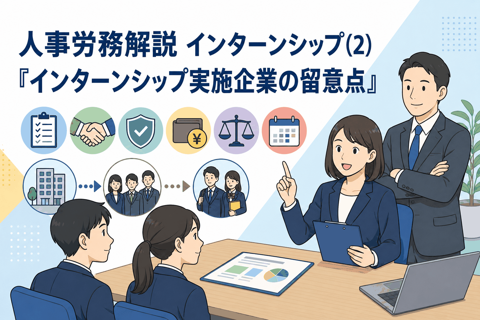 インターンシップ実施企業の留意点を解説する人事労務イメージ｜実施体制・経費・安全配慮・労働法令など