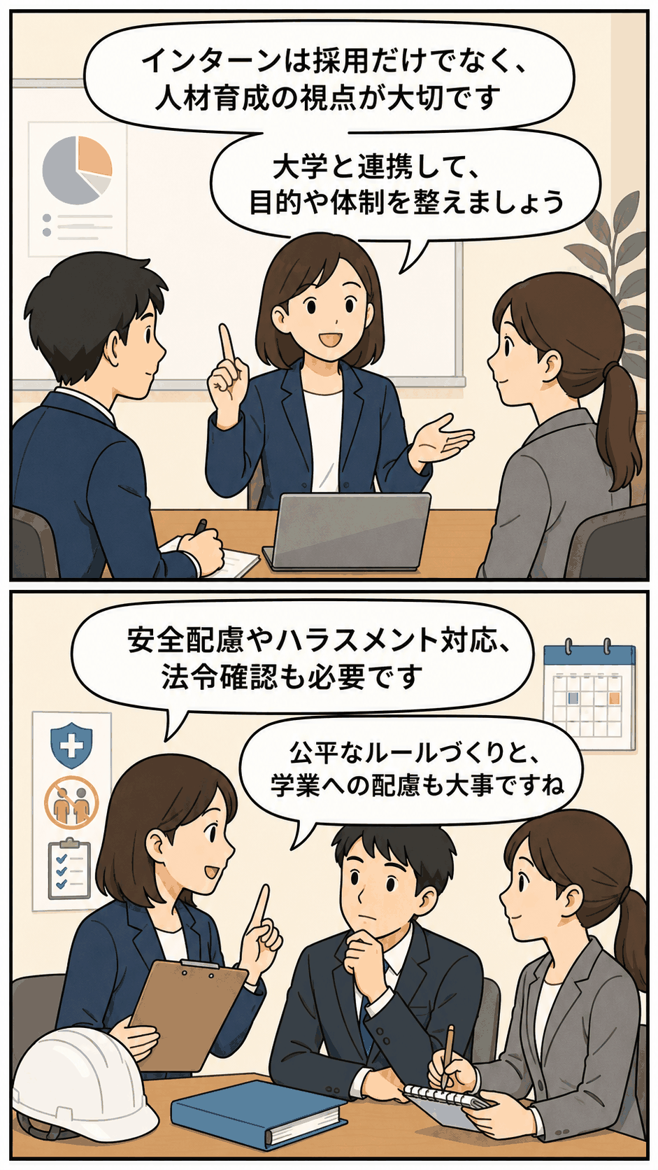 インターンシップ実施企業の留意点を話し合う担当者|人材育成・大学連携・安全配慮・ハラスメント対応・法令確認