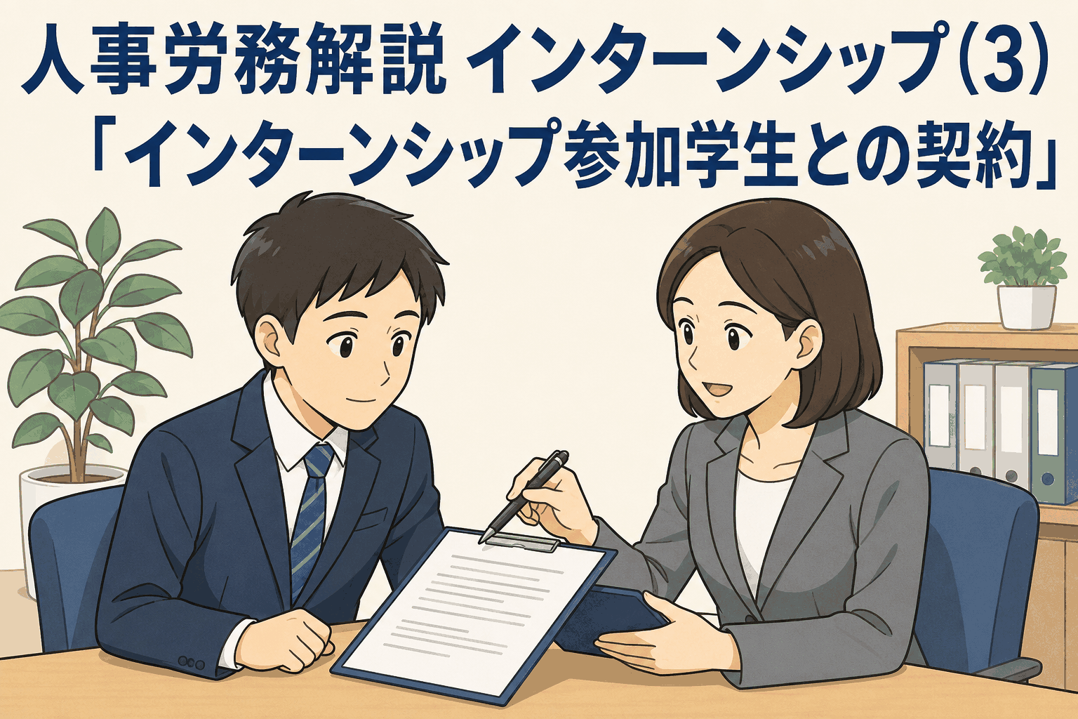 インターンシップ参加学生との契約について人事労務担当者が説明するイメージ